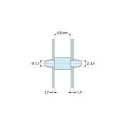 Plan coté 9,5 mm, Support de carte à clipser des deux côtés, polyamide PA6.6 naturel UL94-V2, carte Ø3,9 mm 1,2 mm / châssis Ø3,9 mm 1,6 mm