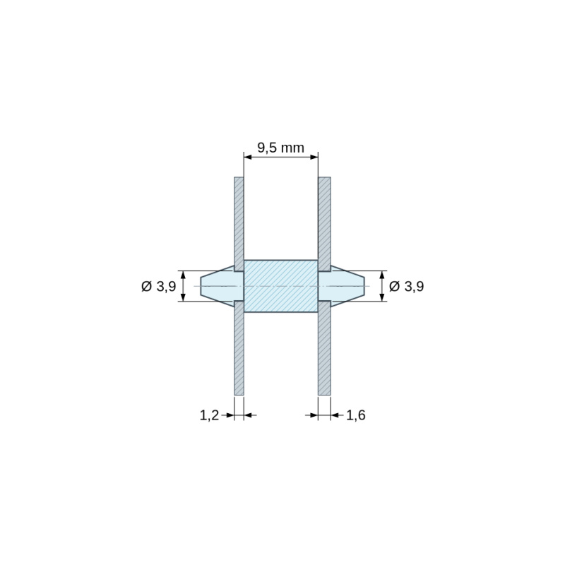 Plan coté 9,5 mm, Support de carte à clipser des deux côtés, polyamide PA6.6 naturel UL94-V2, carte Ø3,9 mm 1,2 mm / châssis Ø3,9 mm 1,6 mm