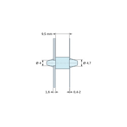 Plan coté 9,5 mm, Support de carte à clipser des deux côtés, polyamide PA6.6 naturel UL94-V2, carte Ø4 mm 1,6 mm / châssis Ø4,7 mm 0,4 à 2 mm