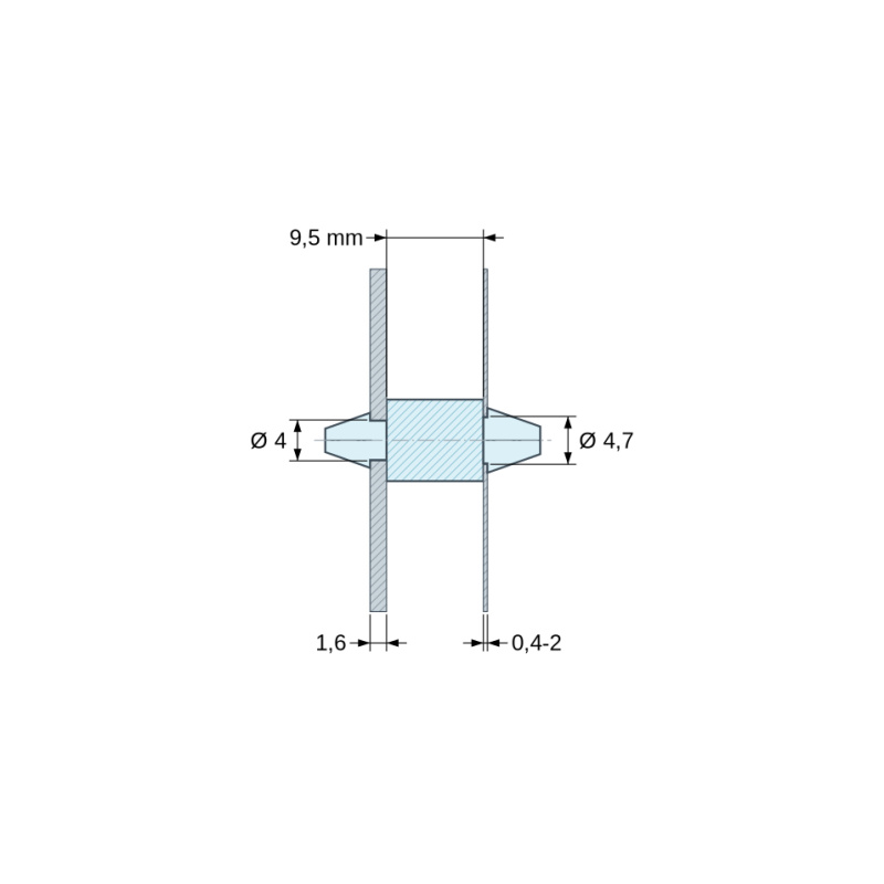 Plan coté 9,5 mm, Support de carte à clipser des deux côtés, polyamide PA6.6 naturel UL94-V2, carte Ø4 mm 1,6 mm / châssis Ø4,7 mm 0,4 à 2 mm