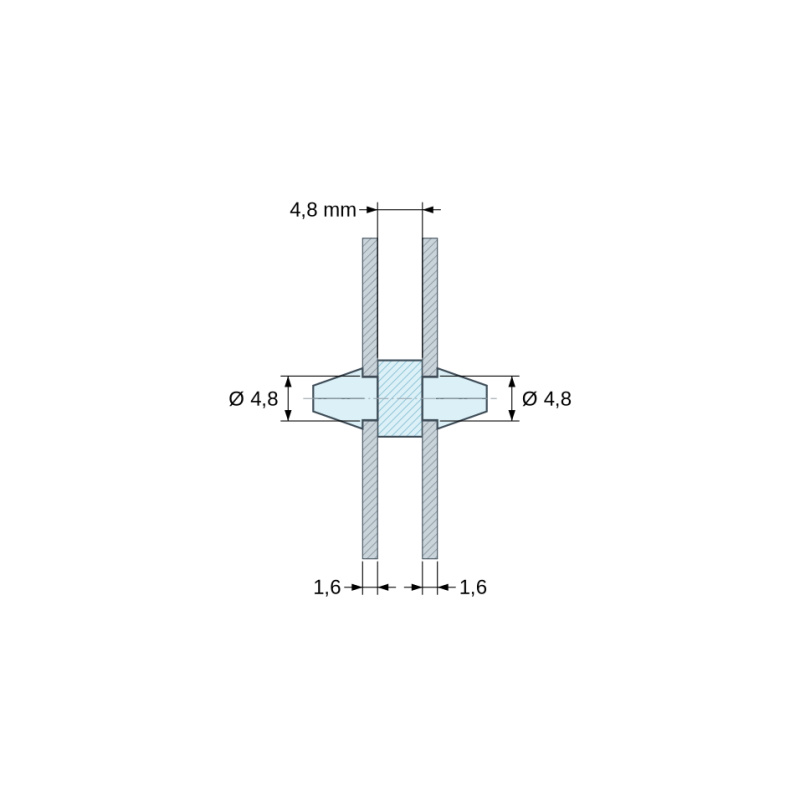 Plan coté 4,8 mm, Support de carte à clipser des deux côtés, polyamide PA6.6 naturel UL94-V2, trou de carte Ø4,8 mm, carte 1,6 mm