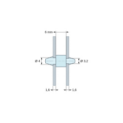 Plan coté 6 mm, Support de carte à clipser des deux côtés, polyamide PA6.6 noir UL94-HB, carte Ø4 mm 1,6 mm / châssis Ø3,2 mm 1,6 mm