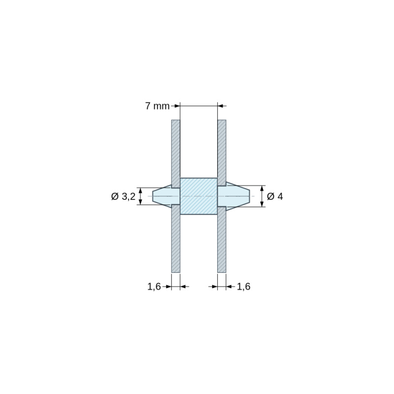 Plan coté 7 mm, Support de carte à clipser des deux côtés, polyamide PA6.6 noir UL94-HB, carte Ø3,2 mm 1,6 mm / châssis Ø4 mm 1,6 mm