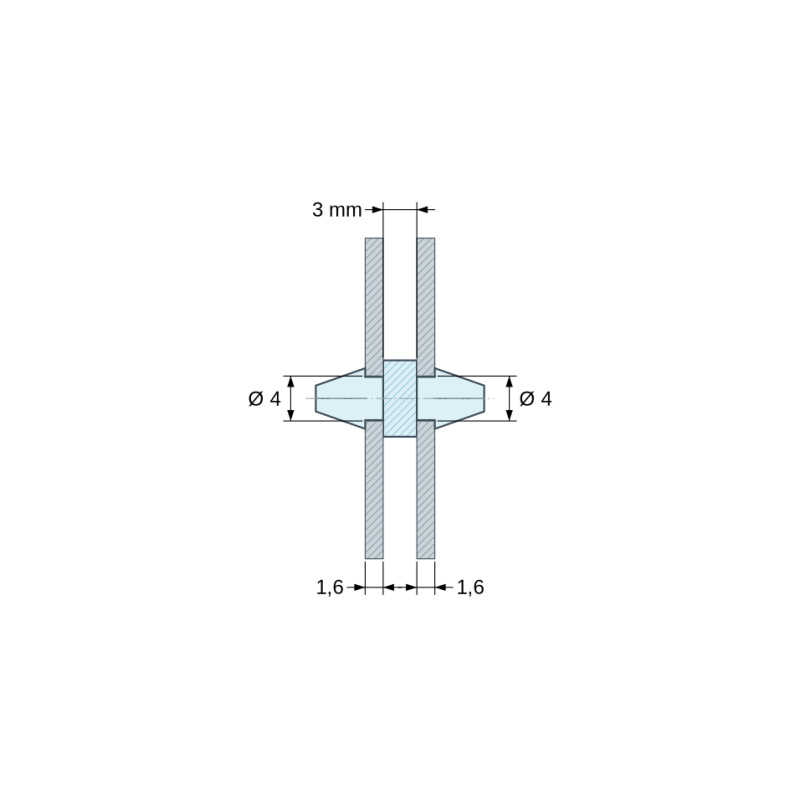 Plan coté 3 mm, Support de carte à clipser des deux côtés, polyamide PA6.6 noir UL94-HB, trou de carte Ø4 mm, carte 1,6 mm