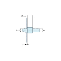 Plan coté 6,4 mm, Support de carte à clipser, fileté M4, polyamide PA6.6 naturel UL94-V2, trou de carte Ø4,2 mm, carte 1,6 mm