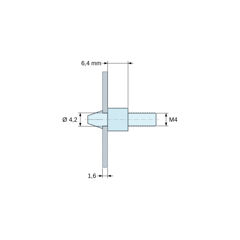 Plan coté 6,4 mm, Support de carte à clipser, fileté M4, polyamide PA6.6 naturel UL94-V2, trou de carte Ø4,2 mm, carte 1,6 mm