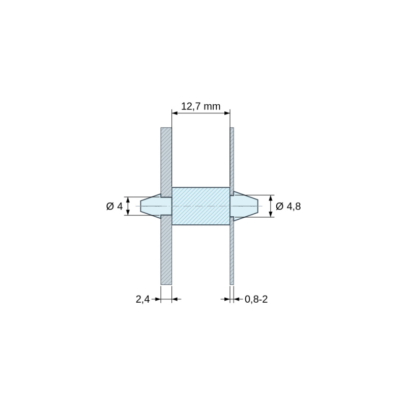 Plan coté 12,7 mm, Support de carte à clipser des deux côtés, polyamide PA6.6 naturel UL94-V2, carte Ø4 mm 2,4 mm / châssis Ø4,8 mm 0,8 à 2 mm