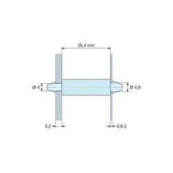 Plan coté 25,4 mm, Support de carte à clipser des deux côtés, polyamide PA6.6 naturel UL94-V2, carte Ø4 mm 3,2 mm / châssis Ø4,8 mm 0,8 à 2 mm