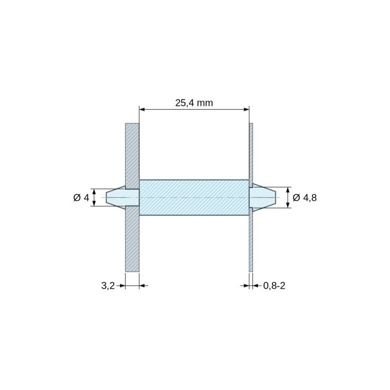 Plan coté 25,4 mm, Support de carte à clipser des deux côtés, polyamide PA6.6 naturel UL94-V2, carte Ø4 mm 3,2 mm / châssis Ø4,8 mm 0,8 à 2 mm