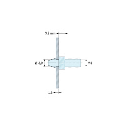 Plan coté 3,2 mm, Support de carte à clipser, fileté M4, polyamide PA6.6 naturel UL94-V2, trou de carte Ø3,9 mm, carte 1,6 mm