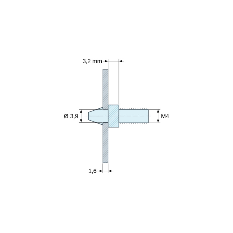 Plan coté 3,2 mm, Support de carte à clipser, fileté M4, polyamide PA6.6 naturel UL94-V2, trou de carte Ø3,9 mm, carte 1,6 mm