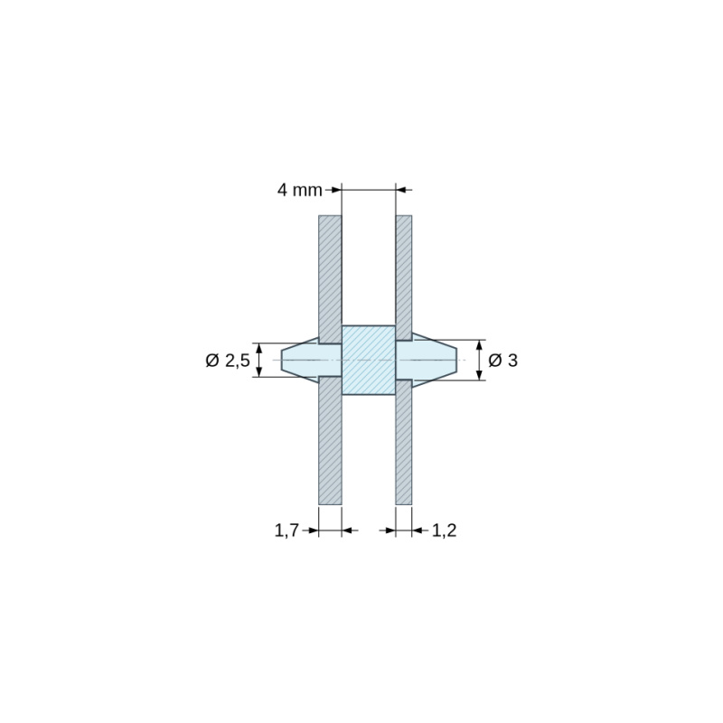 Plan coté 4 mm, Support de carte à clipser des deux côtés, polyamide PA6.6 noir UL94-HB, carte Ø2,5 mm 1,7 mm / châssis Ø3 mm 1,2 mm