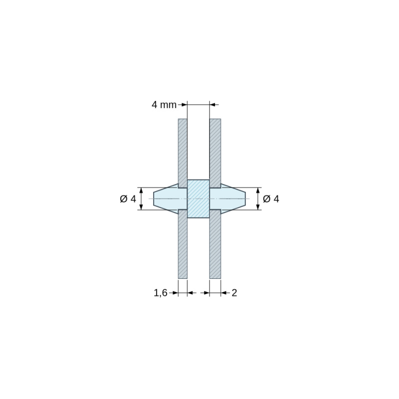 Plan coté 4 mm, Support de carte à clipser des deux côtés, polyamide PA6.6 noir UL94-HB, carte Ø4 mm 1,6 mm / châssis Ø4 mm 2 mm