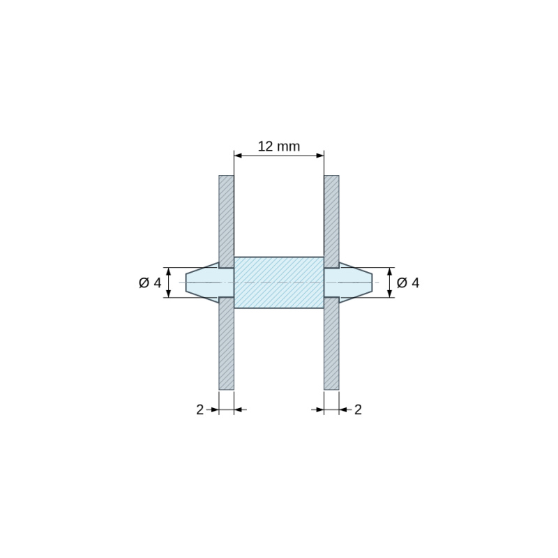 Plan coté 12 mm, Support de carte à clipser des deux côtés, polyamide PA6.6 naturel UL94-HB, trou de carte Ø4 mm, carte 2 mm