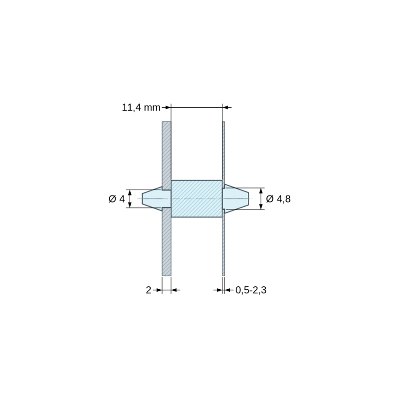 Plan coté 11,4 mm, Support de carte à clipser des deux côtés, polyamide PA6.6 naturel UL94-V2, carte Ø4 mm 2 mm / châssis Ø4,8 mm 0,5 à 2,3 mm