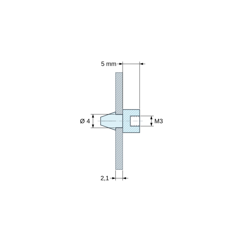 Plan coté 5 mm, Support de carte à clipser, taraudé M3, polyamide PA6.6 noir UL94-HB, trou de carte Ø4 mm, carte 2,1 mm