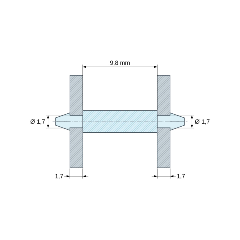 Plan coté 9,8 mm, Support de carte à clipser des deux côtés, polyamide PA6.6 naturel UL94-V2, trou de carte Ø1,7 mm, carte 1,7 mm