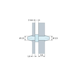 Plan coté 2 mm, Support de carte à clipser des deux côtés, polyamide PA6.6 naturel UL94-V2, carte Ø2,5 mm 1,6 mm / châssis Ø2,5 mm 3,6 mm