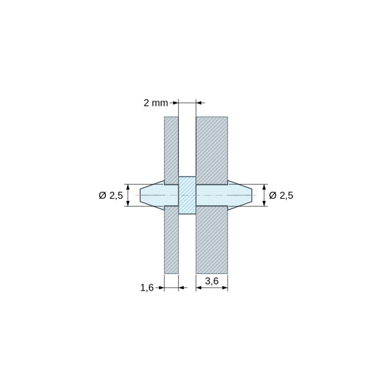 Plan coté 2 mm, Support de carte à clipser des deux côtés, polyamide PA6.6 naturel UL94-V2, carte Ø2,5 mm 1,6 mm / châssis Ø2,5 mm 3,6 mm