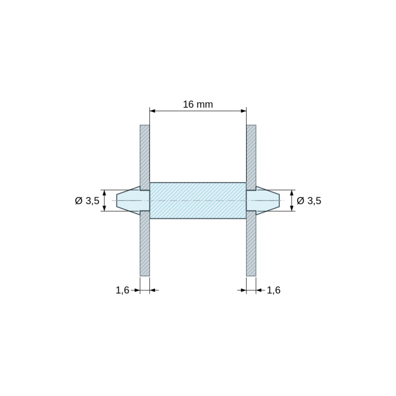 Plan coté 16 mm, Support de carte à clipser des deux côtés, polyamide PA6.6 naturel UL94-V0, trou de carte Ø3,5 mm, carte 1,6 mm