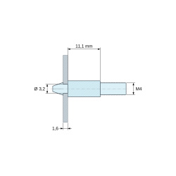 Plan coté 11,1 mm, Support de carte à clipser, fileté M4, polyamide PA6.6 naturel UL94-V2, trou de carte Ø3,2 mm, carte 1,6 mm