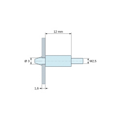 Plan coté 12 mm, Support de carte à clipser, fileté M2,5, polyamide PA6.6 noir UL94-HB, trou de carte Ø3 mm, carte 1,6 mm