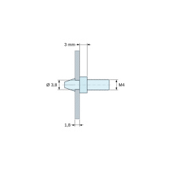 Plan coté 3 mm, Support de carte à clipser, fileté M4, polyamide PA6.6 noir UL94-HB, trou de carte Ø3,8 mm, carte 1,8 mm