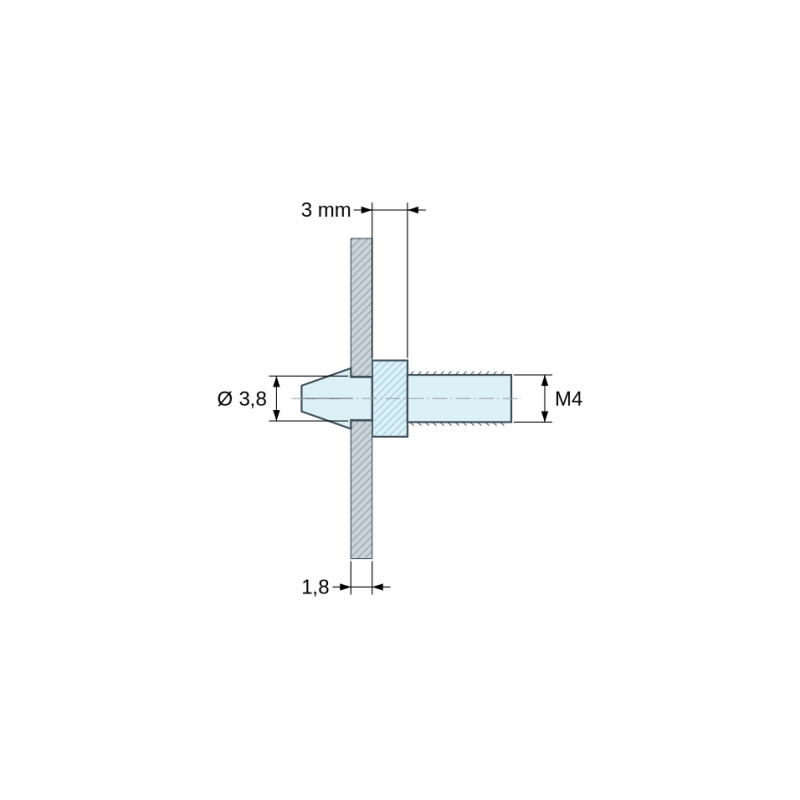 Plan coté 3 mm, Support de carte à clipser, fileté M4, polyamide PA6.6 noir UL94-HB, trou de carte Ø3,8 mm, carte 1,8 mm