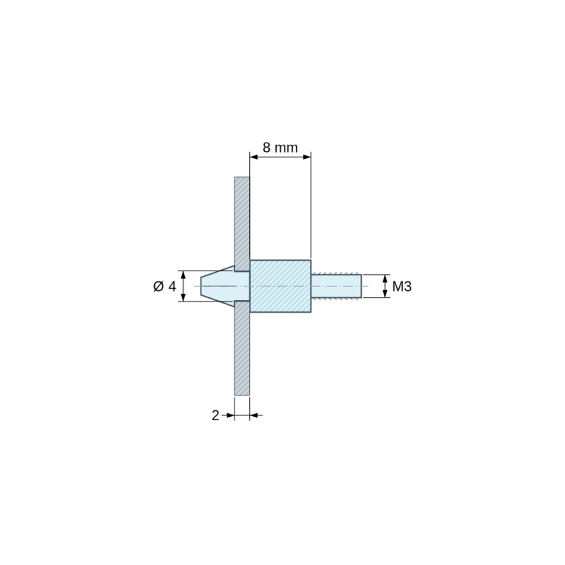 Plan coté 8 mm, Support de carte à clipser, fileté M3, polyamide PA6.6 noir UL94-HB, trou de carte Ø4 mm, carte 2 mm