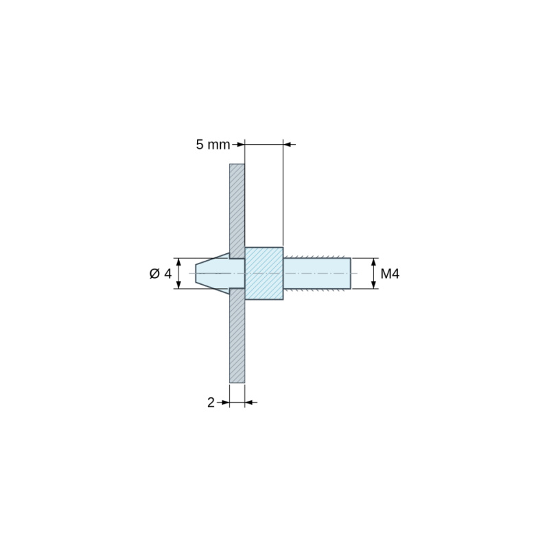 Plan coté 5 mm, Support de carte à clipser, fileté M4, polyamide PA6.6 noir UL94-HB, trou de carte Ø4 mm, carte 2 mm