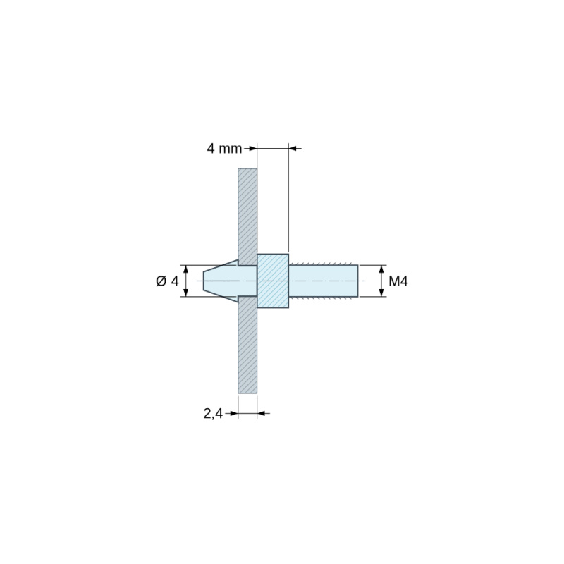 Plan coté 4 mm, Support de carte à clipser, fileté M4, polyamide PA6.6 noir UL94-HB, trou de carte Ø4 mm, carte 2,4 mm