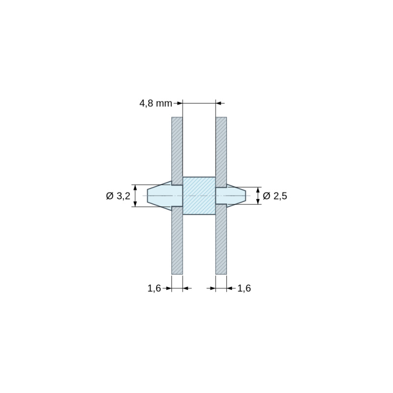 Plan coté 4,8 mm, Support de carte à clipser des deux côtés, polyamide PA6.6 naturel UL94-V2, carte Ø3,2 mm 1,6 mm / châssis Ø2,5 mm 1,6 mm