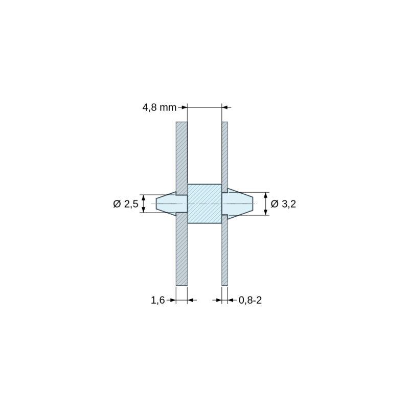 Plan coté 4,8 mm, Support de carte à clipser des deux côtés, polyamide PA6.6 naturel UL94-V2, carte Ø2,5 mm 1,6 mm / châssis Ø3,2 mm 0,8 à 2 mm