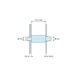 Plan coté 11,1 mm, Support de carte à clipser des deux côtés, polyamide PA6.6 naturel UL94-V2, carte Ø2,5 mm 1,6 mm / châssis Ø3,2 mm 0,8 à 2 mm