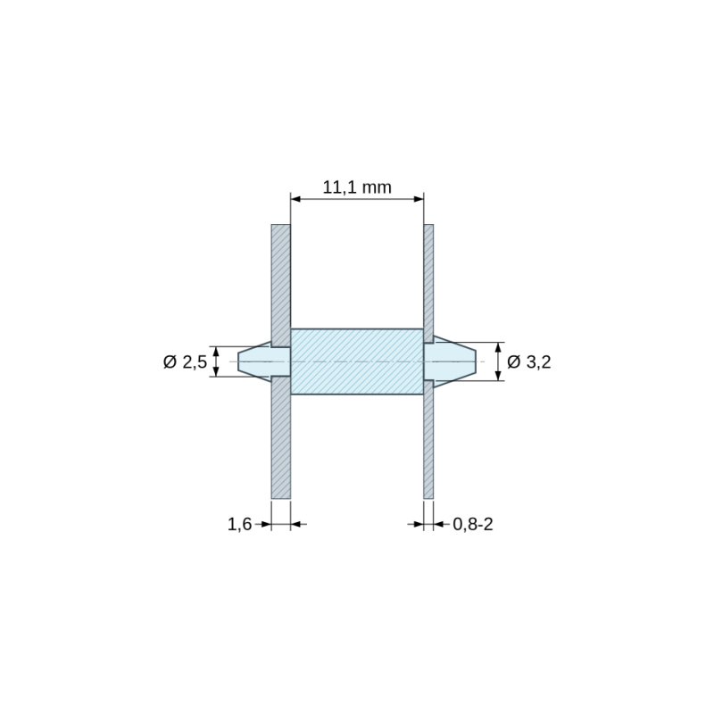 Plan coté 11,1 mm, Support de carte à clipser des deux côtés, polyamide PA6.6 naturel UL94-V2, carte Ø2,5 mm 1,6 mm / châssis Ø3,2 mm 0,8 à 2 mm
