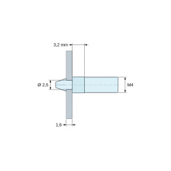 Plan coté 3,2 mm, Support de carte à clipser, fileté M4, polyamide PA6.6 naturel UL94-V2, trou de carte Ø2,5 mm, carte 1,6 mm
