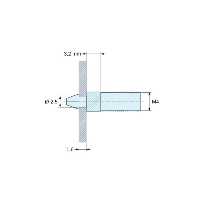 Plan coté 3,2 mm, Support de carte à clipser, fileté M4, polyamide PA6.6 naturel UL94-V2, trou de carte Ø2,5 mm, carte 1,6 mm