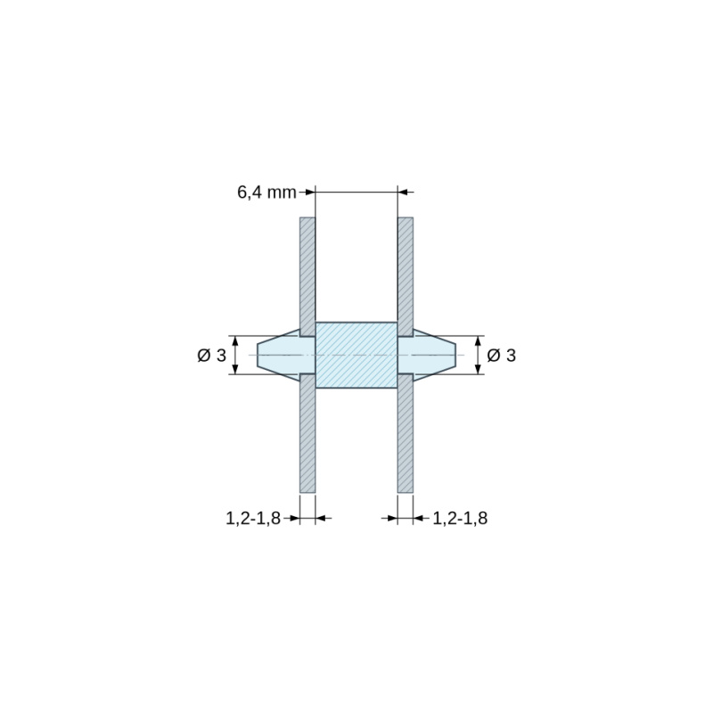 Plan coté 6,4 mm, Support de carte à clipser des deux côtés, polyamide PA6.6 noir UL94-V2, trou de carte Ø3 mm, carte 1,2 à 1,8 mm