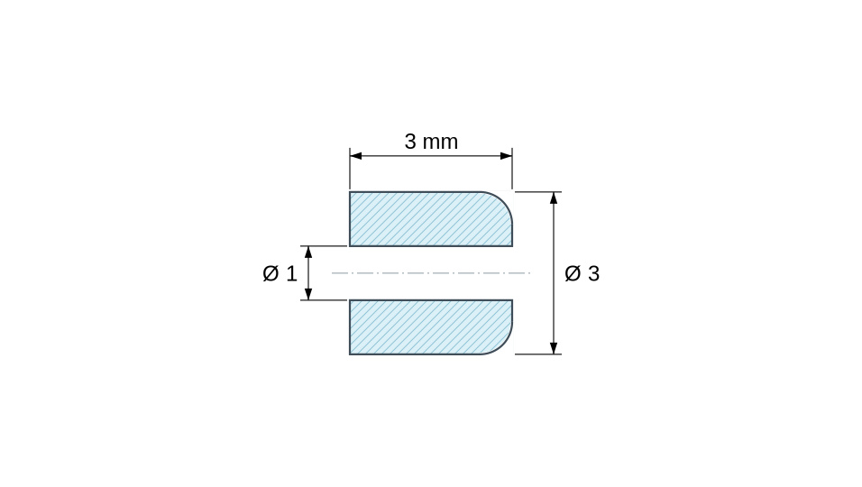 Plan coté Entretoise lisse céramique C221 Ø1x3mm, une extrémité arrondie