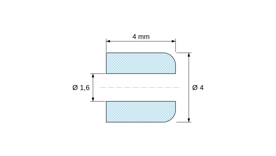 Plan coté Entretoise lisse céramique C221 Ø1,6x4mm, une extrémité arrondie