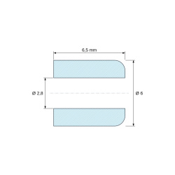 Plan coté 6,5 mm, Entretoise lisse céramique C221 Ø2,8x6mm, une extrémité arrondie
