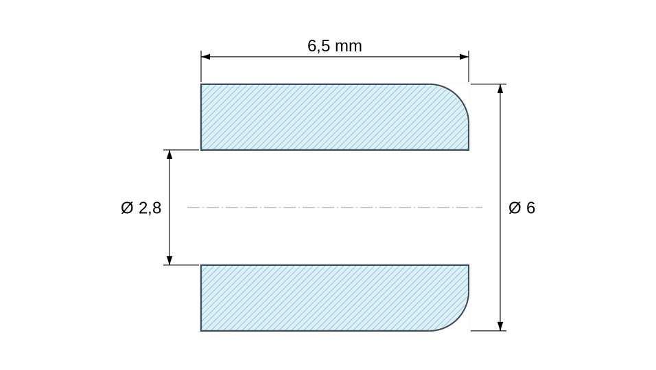 Plan coté Entretoise lisse céramique C221 Ø2,8x6mm, une extrémité arrondie