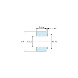 Plan coté 2 mm, Entretoise à épaulement Ø3,1x0,3mm plastique polyamide PA6 renforcé fibre de verre noir UL94-HB Ø2,2x4mm pour vis M2