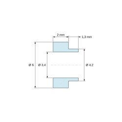 Plan coté 2 mm, Entretoise à épaulement Ø4,2x1,3mm plastique polyamide PA6 renforcé fibre de verre noir UL94-HB Ø3,4x6mm pour vis M3