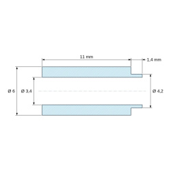 Plan coté 11 mm, Entretoise à épaulement Ø4,2x1,4mm plastique polyamide PA6 renforcé fibre de verre noir UL94-HB Ø3,4x6mm pour vis M3