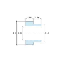 Plan coté 2 mm, Entretoise à épaulement Ø4,6x2mm plastique polyamide PA6 renforcé fibre de verre noir UL94-HB Ø3,5x6mm pour vis M3