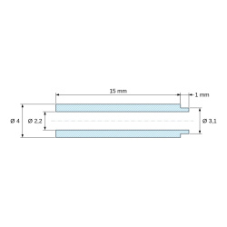 Plan coté 15 mm, Entretoise à épaulement Ø3,1x1mm plastique polyamide PA6 renforcé fibre de verre noir UL94-HB Ø2,2x4mm pour vis M2