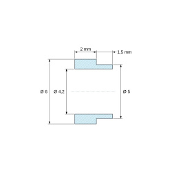 Plan coté 2 mm, Entretoise à épaulement Ø5x1,5mm plastique polyamide PA6 renforcé fibre de verre noir UL94-HB Ø4,2x6mm pour vis M4