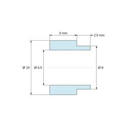 Plan coté 5 mm, Entretoise à épaulement Ø8x2,5mm plastique polyamide PA6 renforcé fibre de verre noir UL94-HB Ø6,5x10mm pour vis M6