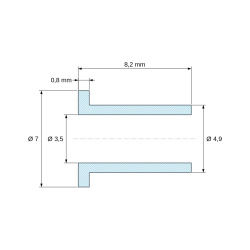 Plan coté 8,2 mm, Douille isolante à collerette Ø3,5x7mm, épaulement haut Ø4,9mm, polyamide PA6.6 renforcé fibre de verre noir UL94-HB